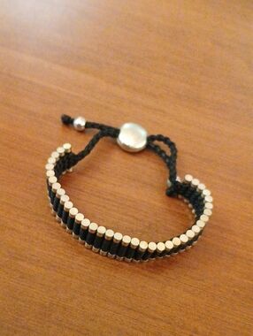 Adjustable Black and Silver Beaded Macrame Bracelet -